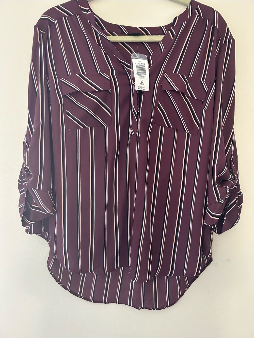 Torrid Size 2 Striped Roll-Sleeve Blouse in Burgundy - Unknown Brand - Picture 5 of 7